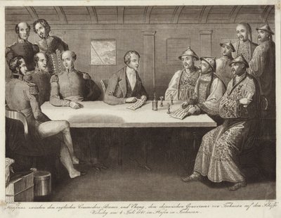 Konferencja w Chusan pomiędzy komandorem Bremerem a chińskim urzędnikiem na HMS Wellesley 4 lipca 1841 r. autorstwa English School
