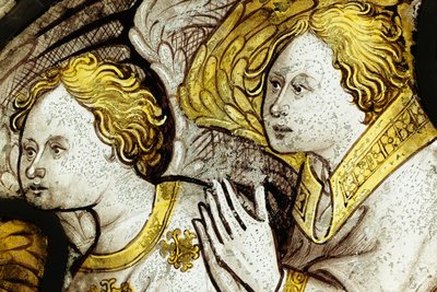 Zachowany fragment z Great East Window w York Minster: „Stworzenie czci Baranka” autorstwa English School