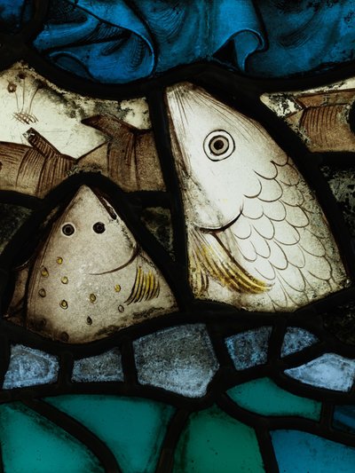 Zachowany fragment z Great East Window w York Minster: „Stworzenie czci Baranka” autorstwa English School