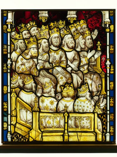 Zachowany fragment z Great East Window w York Minster: „Starsi czczą Boga” autorstwa English School