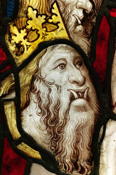 Zachowany fragment z Great East Window w York Minster: „Piąty anioł gra w trąbę i szarańczę z bezdennej jamy” autorstwa English School