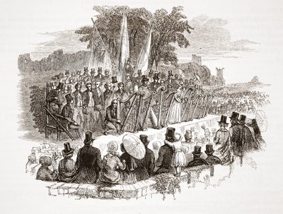 Konkurs o Złotą Harfę w Royal Denbigh Eisteddfod, przed H.R.H. książę Susses w 1828 r. (rycina stalowa) autorstwa English School