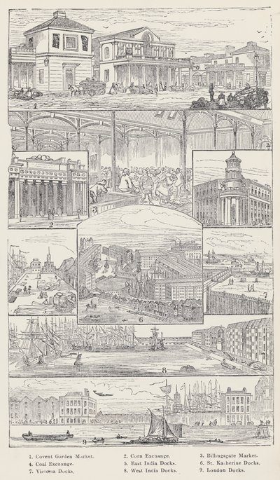 Covent Garden Market, Corn Exchange, Billingsgate Market, Coal Exchange, East India Docks, St Katherine Docks, Victoria Docks, West India Docks, London Docks (grawerowanie) autorstwa English School