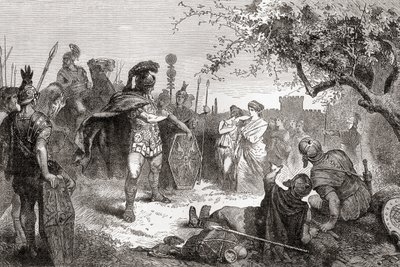 Koriolan powraca jako wróg do Rzymu po wygnaniu, z ilustrowanej historii świata Warda i Locka, wyd. ok. 1882 r. autorstwa English School