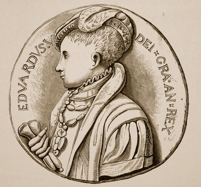 Medal koronacyjny Edwarda VI (zdjęcie w sepii) autorstwa English School