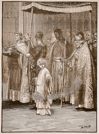 Koronacja Richarda w Opactwie Westminsterskim: procesja wzdłuż nawy bocznej, ilustracja z Cassells Illustrated History of England (zdjęcie w sepii) autorstwa English School