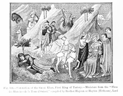 Koronacja Wielkiego Chana (Kublai Chan) (1214-94) Pierwszy Król Tatarów, z Fleur des Histoires de la Terre dOrient, skompilowana przez Haytona (zm. 1271), ilustracja z Science and Literature w autorstwa English School