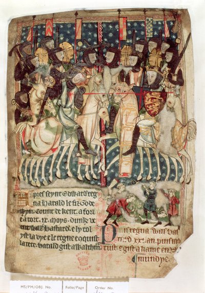 Cott Vitt A XIII f.3v William zabija Harolda w bitwie pod Hastings, z „Dekretów królów anglosaskiej i normańskiej Anglii” (welum) autorstwa English School