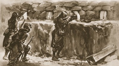 Zasłony okienne w domkach jako ekrany z otworami strzelniczymi do okopów: francuski środek, by zbić z tropu strzelca wyborowego wroga, z The Illustrated War News, 1915 autorstwa English School