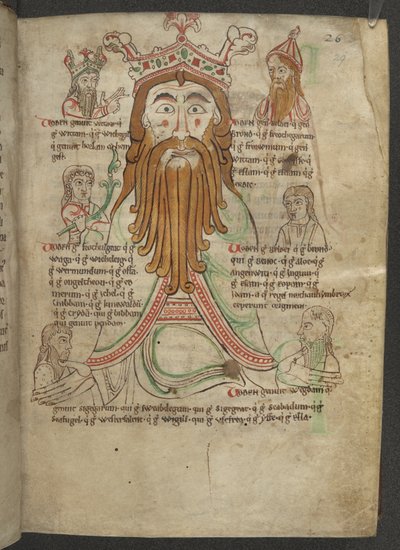 Cotton Caligula A. VIII, f.29 Rysunek Wodena w otoczeniu jego potomków; w traktacie o Heptarchii, c.1153-66 (welum) autorstwa English School