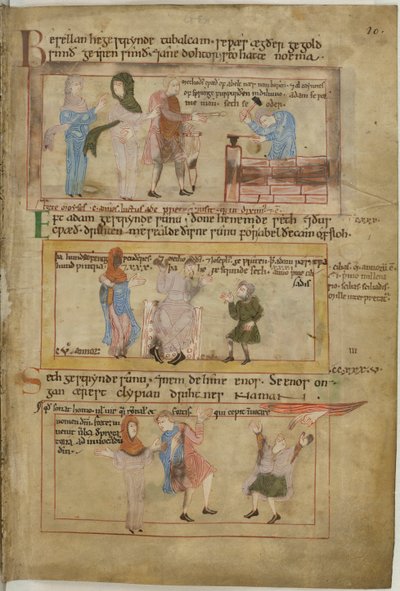 Cotton Claudius B IV fol.10 Lamech i jego dwie żony oraz jego syn Tubalcain, kowal, przy pracy (wellum) autorstwa English School