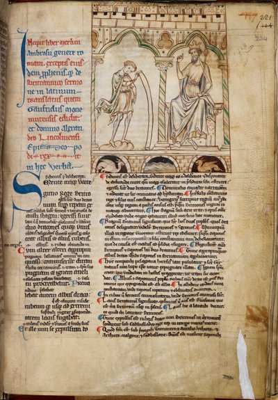 Cotton Claudius B. VII, f.224 Chłopiec Merlin prorokujący przed królem Vortigernem, ilustracja z „Proroctwa Merlina”, autorstwa Geoffreya z Monmouth, c.1250 (welum) autorstwa English School