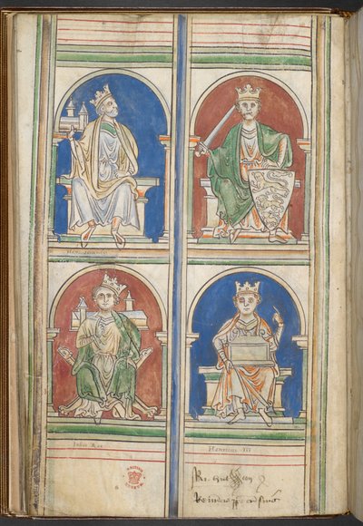 Cotton Claudius D VI f.9v Czterech królów Anglii: Henryk II, Ryszard I, Jan i Henryk III od Królów Anglii od Brutusa do Henryka III, przez Matthew Parisa, c.1250-59 (welum) autorstwa English School