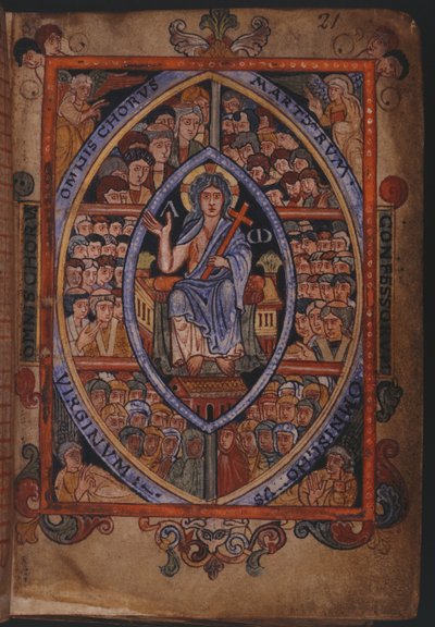 Cotton Galba A. XVIII, f.21 Chrystus na tronie z chórami męczenników, spowiedników i dziewic autorstwa English School