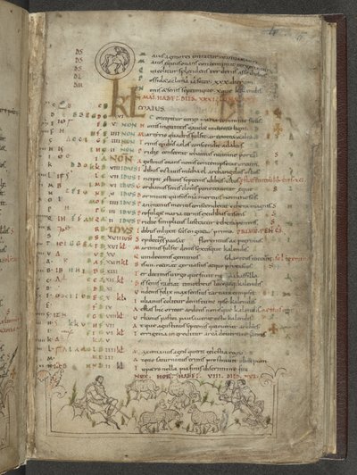 Cotton Julius A. VI, f.5, Strona kalendarza na maj: Pasterze i stado (welum) autorstwa English School