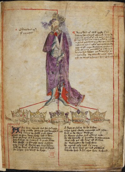 Cotton Julius E. IV, f.7 Rysunek Edwarda III, z krótkim opisem jego panowania i wierszami z „wierszów o królach Anglii od Wilhelma I do Henryka VI”, po 1431 (welum) autorstwa English School