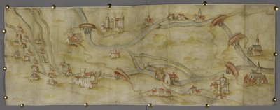 Bawełna MS Augustus I i 65 Mapa rzeki Trent i jej dopływów między Nottingham i Newark, ok. 1540 (pióro i atrament z akwarelą na papierze) autorstwa English School