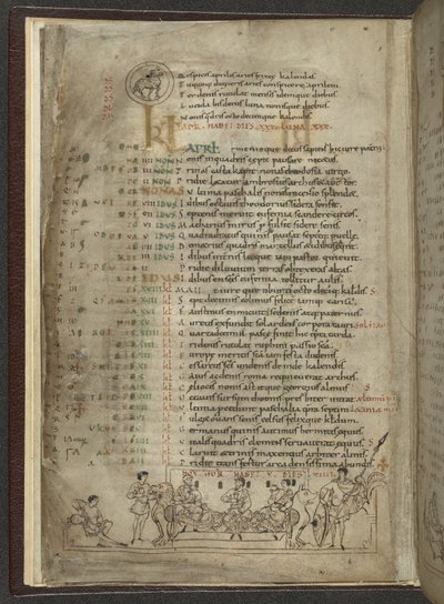 Cotton MS Julius A. VI, f.4v, strona kalendarza na kwiecień: Scena uczty z trzema szlachcicami (welum) autorstwa English School
