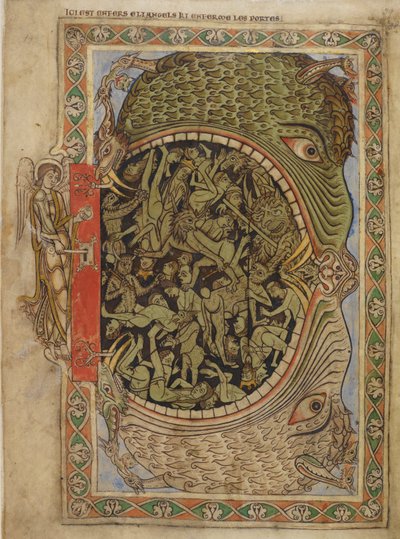 Bawełna Nero C IV f.39 Szczęki piekielne przymocowane przez anioła, z psałterza Henryka z Blois, c.1121-61 (welum) autorstwa English School