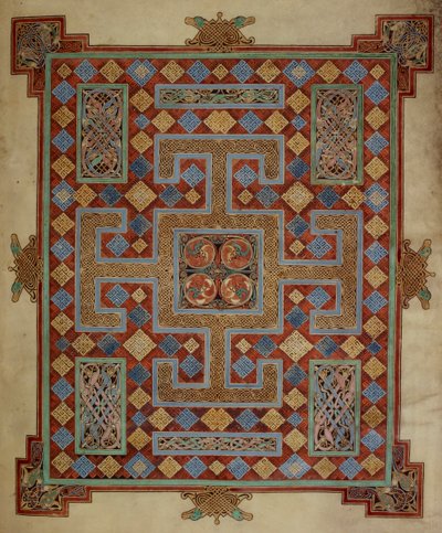 Bawełna Nero D. IV, f.138v Strona dywanowa wprowadzająca Ewangelię św. Łukasza, z Ewangelii z Lindisfarne, 710-21 (welum) autorstwa English School