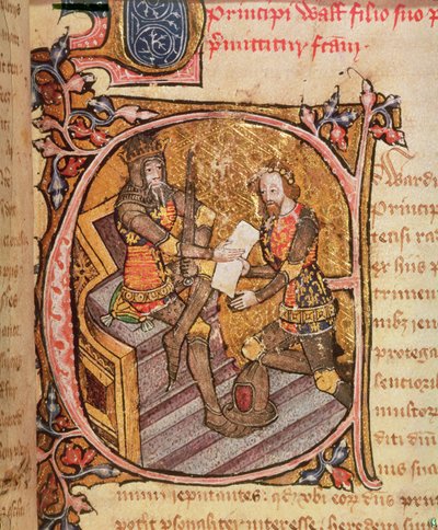 Bawełna Nero D VI fol.31 Edward III nadający Czarnemu Księciu księstwo Akwitanii autorstwa English School
