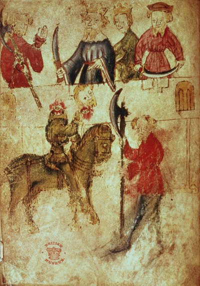 Cotton Nero Ms A X, f.94v: Bezgłowy Zielony Rycerz w Arthur