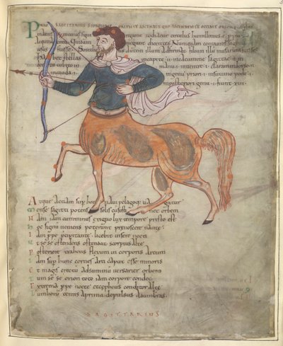 Cotton Tiberius B. V, część 1, f.37 "Strzelec", ilustracja z "Aratusa Cycerona" (welum) autorstwa English School