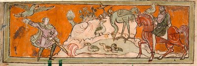 Cotton Tiberius B. V, część 1, f.7v Polowanie z sokołem, ilustracja na październik z „kalendarza anglosaskiego” (welum) autorstwa English School