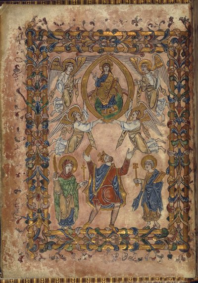 Cotton Vespasian A. VIII, f.2v Edgar oferuje czarter Chrystusa, ilustracja z „The New Minster Charter”, 966 (welum) autorstwa English School