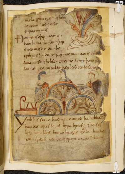 Bawełna Witeliusz A. XV f.105, winorośl złocista; trzech rozmawiających ludzi, reprezentujących życzliwy naród, który włada Morzem Czerwonym, gdzie można znaleźć najlepsze perły, ilustracja z Beowulfa, z „Kodeksu Newell” (tusz na pergaminie) autorstwa English School