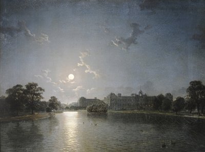 Wiejski dom po drugiej stronie jeziora przy Moonlight, ok. 1850 (olej na płótnie) autorstwa English School