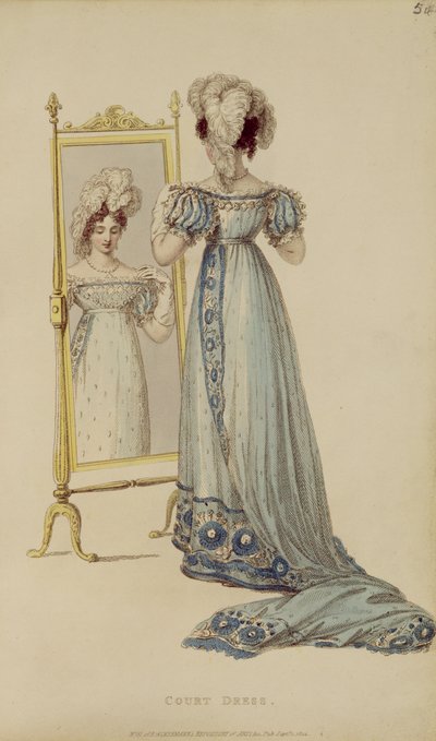 Suknia dworska, talerz z modą z Ackermanns Repository of Arts autorstwa English School