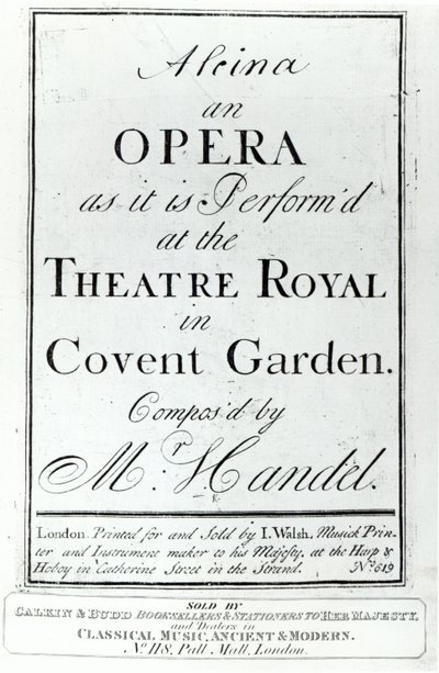 Okładka Nuty do opery Haendla Alcina, wydana w 1735 r. autorstwa English School