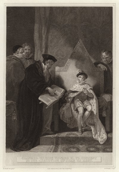 Cranmer nakłaniający Edwarda VI do wyrażenia zgody na egzekucję Joanny z Kentu autorstwa English School