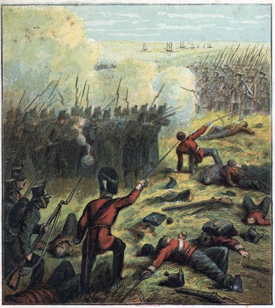 Wojna krymska (1853-1856) między Rosją a Imperium Osmańskim: Francuzi i Brytyjczycy sprzymierzyli się z Turkami w celu oblężenia rosyjskiego portu Sewastopola od 17 października 1854 do 8 września 1855. „Oblężenie Sewastopola” autorstwa English School