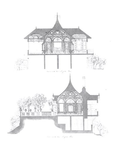 Przekroje letniego domu pałacu Buckingham z „Dekoracji pawilonu ogrodowego na terenie pałacu Buckingham” autorstwa Ludwiga Grunera (1801-82) i Anny Brownell Jameson (1794-1860) 1846 (rycina) (b/w zdjęcie) autorstwa English School