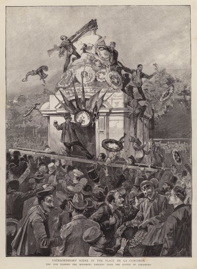 Tłumy zrywają żałobne emblematy z pomnika w Strasburgu na Place de la Concorde w Paryżu autorstwa English School