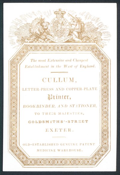 Cullum, Letter-Press i Copper-plate Printer, karta handlowa autorstwa English School