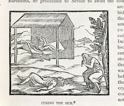 Leczenie chorych, rdzenni mieszkańcy Hispanioli, z "Narracyjnej i krytycznej historii Ameryki", pod redakcją Justina Winsora, Londyn, 1886 r. autorstwa English School