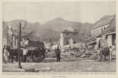 Uszkodzenia na Rempart Street, Port Louis, spowodowane przez cyklon Mauritiusa z 1892 r. (lito) autorstwa English School