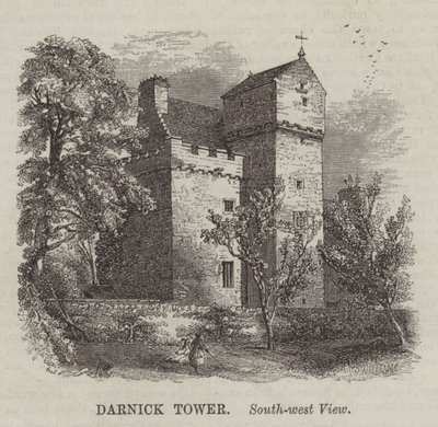 Darnick Tower, widok południowo-zachodni (grawerunek) autorstwa English School