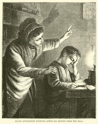 David Livingstone studiujący po powrocie z młyna autorstwa English School