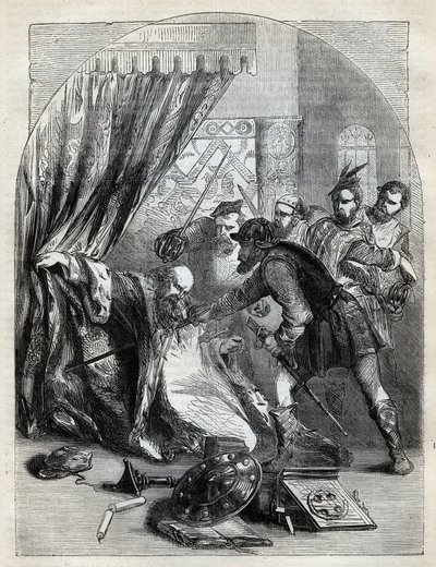 Śmierć kardynała Beatona, 29 maja 1546 - kardynał David Beaton (c1494-1546), arcybiskup St. Andrews, zamordowany podczas szkockiej reformacji - rycina z „Historii Anglii” autorstwa Cassella Pettera & Galpin, Londyn (1890) autorstwa English School