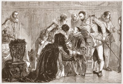 Śmierć Wilhelma Cichego, księcia Orańskiego, ilustracja z „Historii protestantyzmu” Jamesa Aitkena Wylie (1808-1890), wyd. 1878 (grawerowanie) autorstwa English School