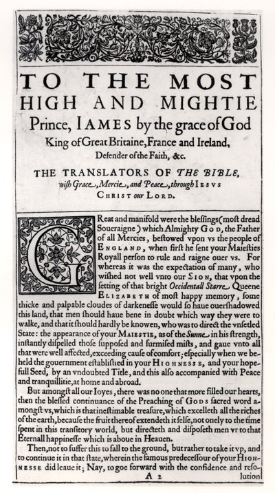 Strona dedykacyjna w Piśmie Świętym, wyd. autor: Robert Barker, 1611 autorstwa English School