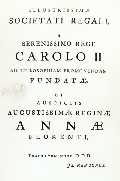 Dedykacja dla Królewskiego Towarzystwa Drugiego Wydania Newtonów Philosophiae Naturalis Principia Mathematica. 1713 autorstwa English School