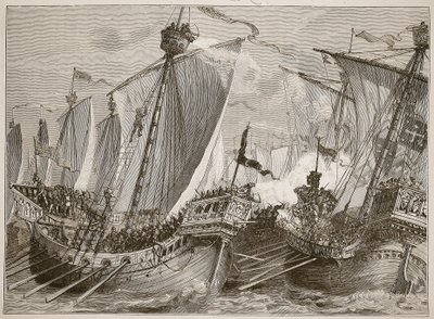 Klęska floty francuskiej na kanale La Manche, ilustracja z Cassells Illustrated History of England (zdjęcie w sepii) autorstwa English School
