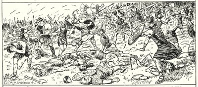 Klęska Sasów Zachodnich pod Mount Budon, Somerset, AD 500 (litografia) autorstwa English School