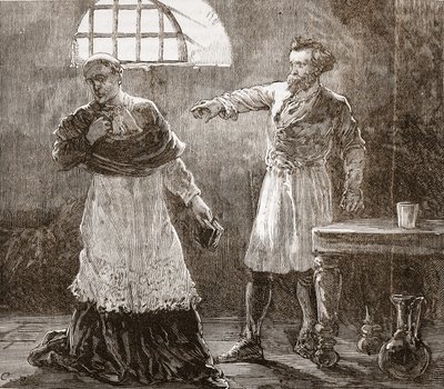Denis upomina biskupa Meaux, ilustracja z Historii protestantyzmu Jamesa Aitkena Wylie (1808-1890), wyd. 1878 autorstwa English School
