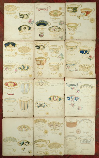 Projekty filiżanek do herbaty wyprodukowanych w fabryce Daniela, Staffordshire, ok. 1845 (gwasz, toaleta i tusz na papierze) autorstwa English School